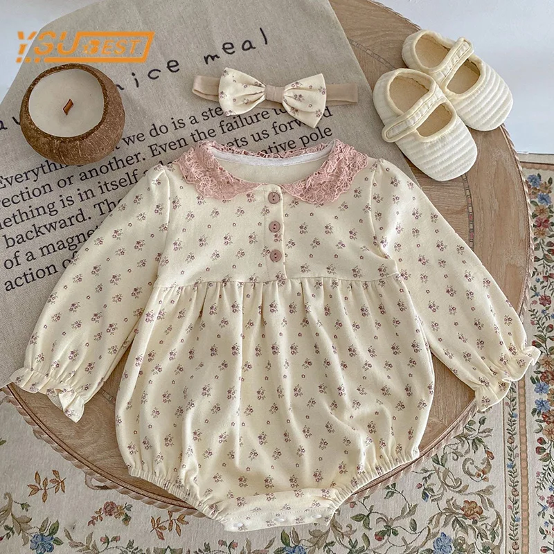 

Spring Baby Girls Romper Long Sleeves Sweet Jumpsuit Flower Printing Romper 0-3Y Autumn Infant Kids Baby Girl Romper Clothes