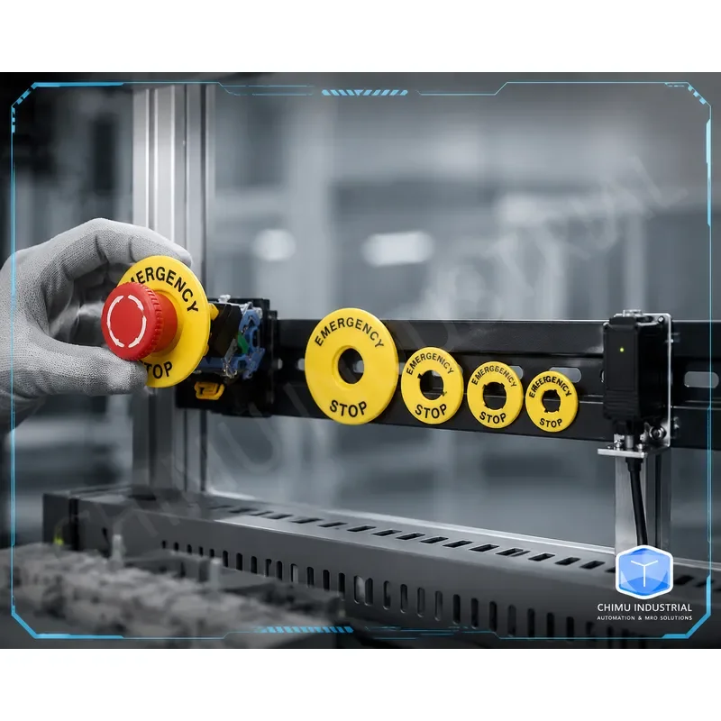 【CHIMU INDUSTRIAL】 22mm Emergency Stop Button Switch with Yellow Warning Ring NO NC Contact 40 60 90mm Mounting Depth