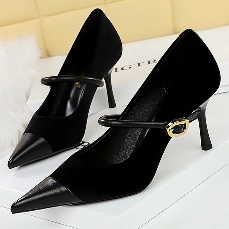 BIGTREE Shoes New Buckle Design Women Pumps Pointed Shoes High Heels Suede Stilettos Heels 7cm 10cm Ladies Shoes Large Size 43