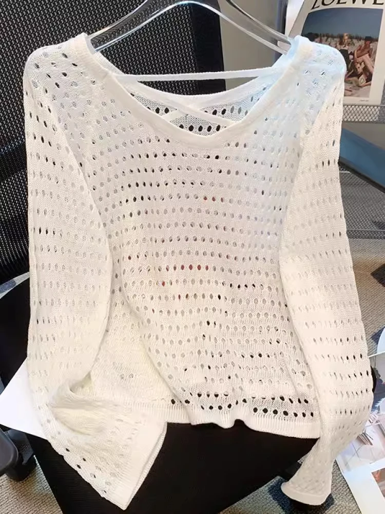 

Summer Ice Silk Hollow Long Sve Knitted Women's Top Spring Autumn Lightweight Outerwear Sun Protection Loose Fit Knitwear