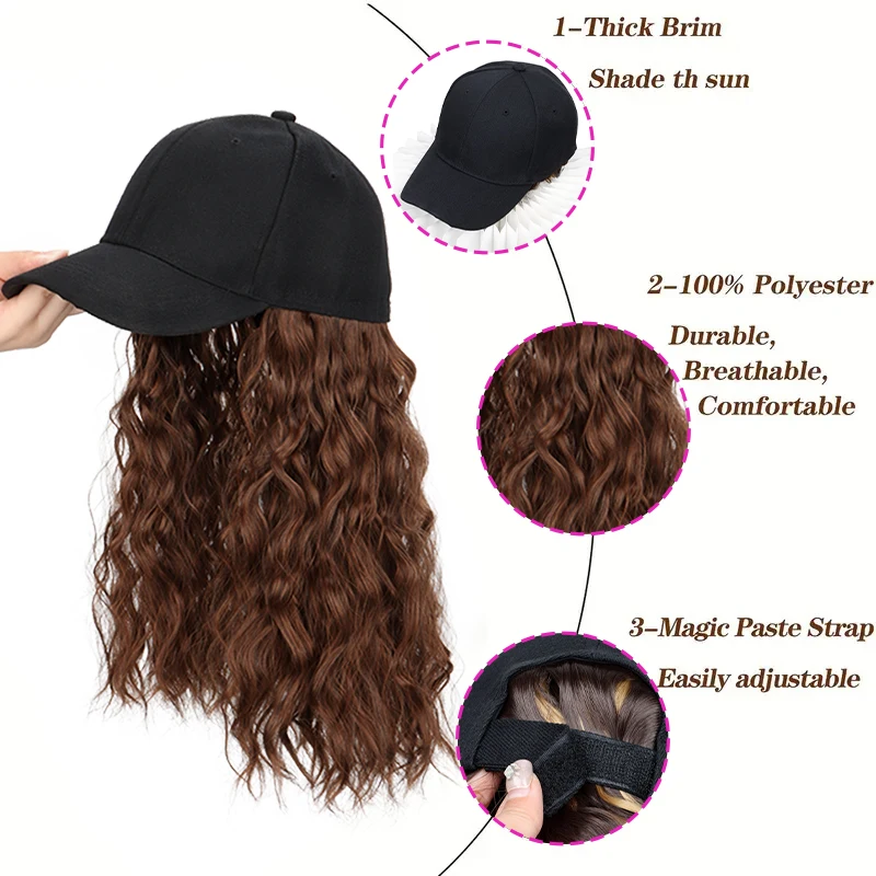 Peluca de sombrero para mujer, peluca de gorra de béisbol de onda larga con extensiones de cabello sintético rizado, peluca de gorra de béisbol negra marrón ajustable