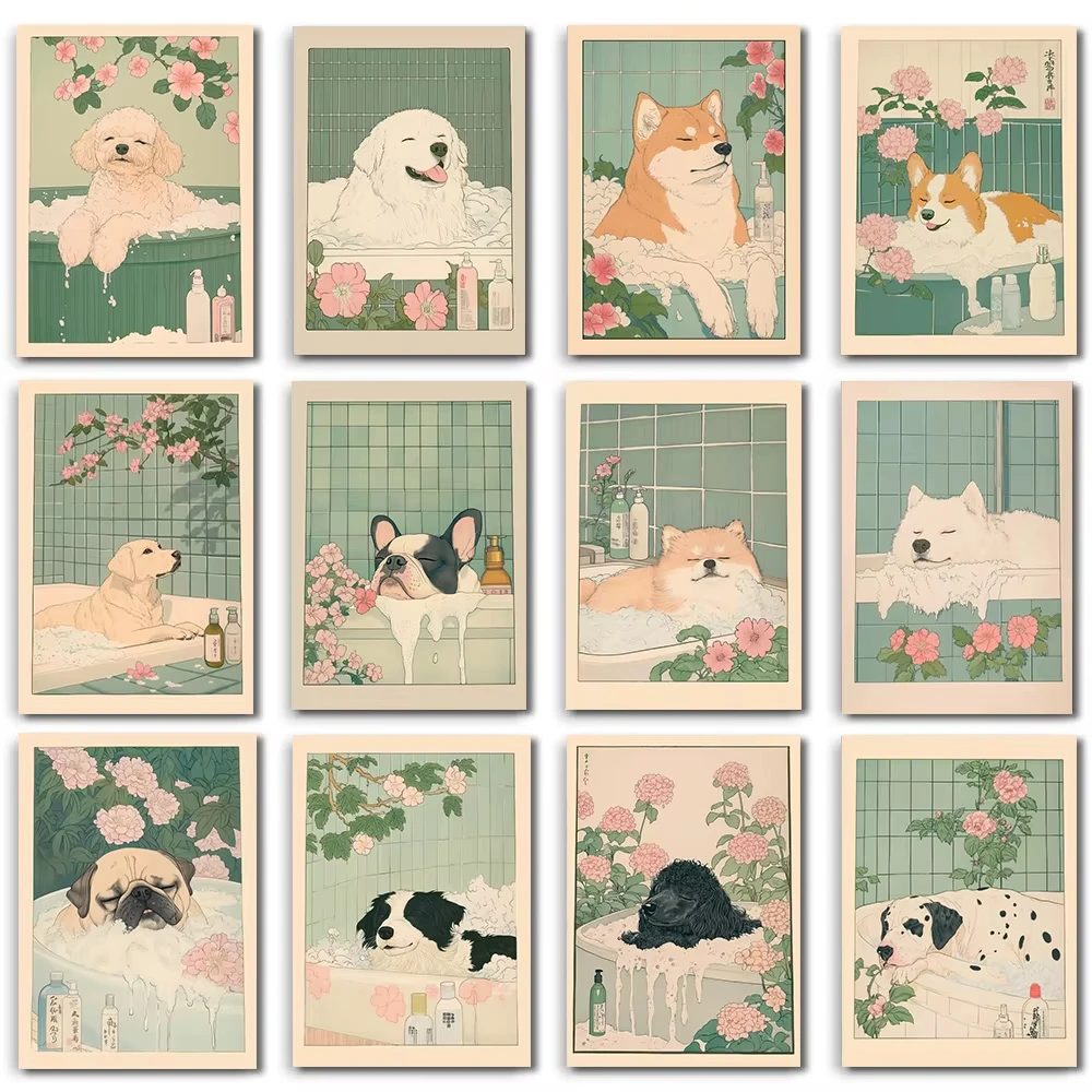1pc Toy Poodle for Bathtub Canvas Wall Painting Print Poster Corgi Decorative Painting Mural Modern Bathroom Room Decor Unfra
