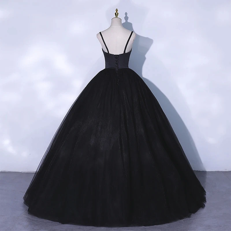 Custom Evening Dress Black V-Neck Floor-Length Spaghetti Strap Simple Ball Gown Elegant Tulle New Party Formal Dresses Woman