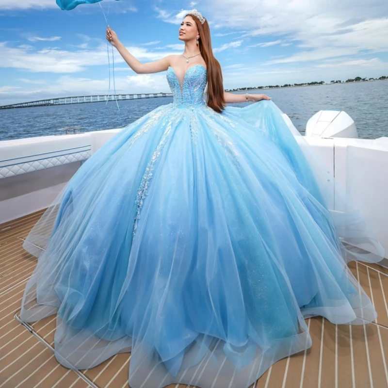 

Sky Blue Shiny Quinceanera Dresses Ball Gown Off The Shoulder Applique Lace Beading Crystal Tull Party Birthday Sweet 16 Dress