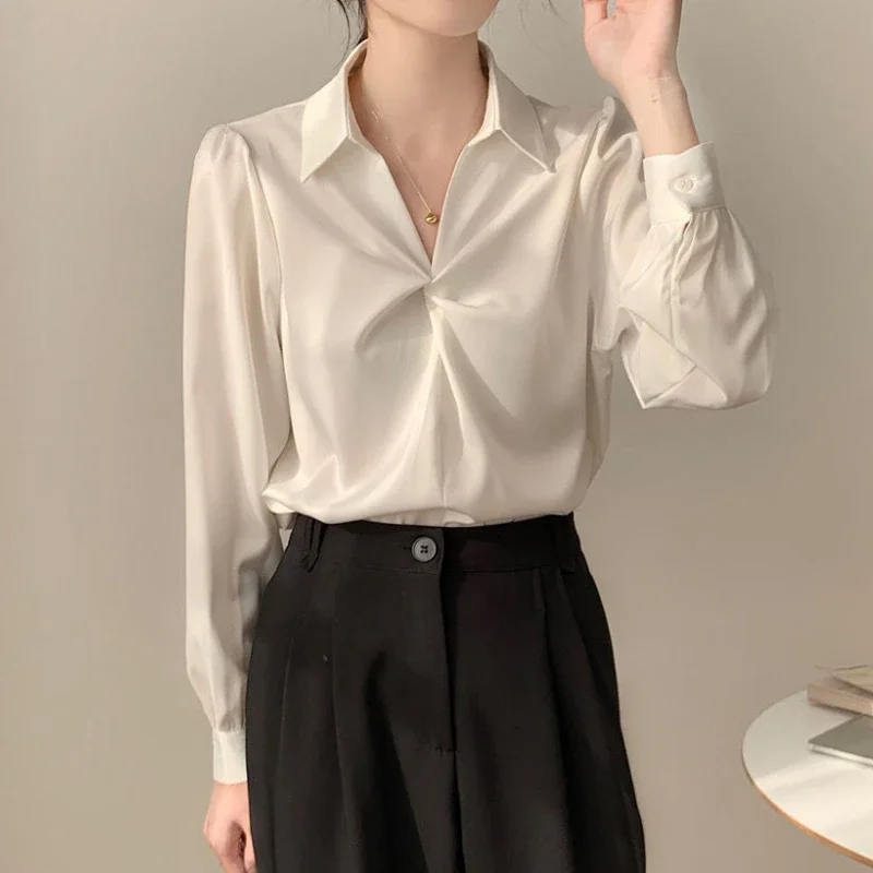 

Spring Autumn Women's Satin Shirt Long Sleeve Top Women Designer Korean Fashion Office Jacket Coat Top Bottoming Shirt