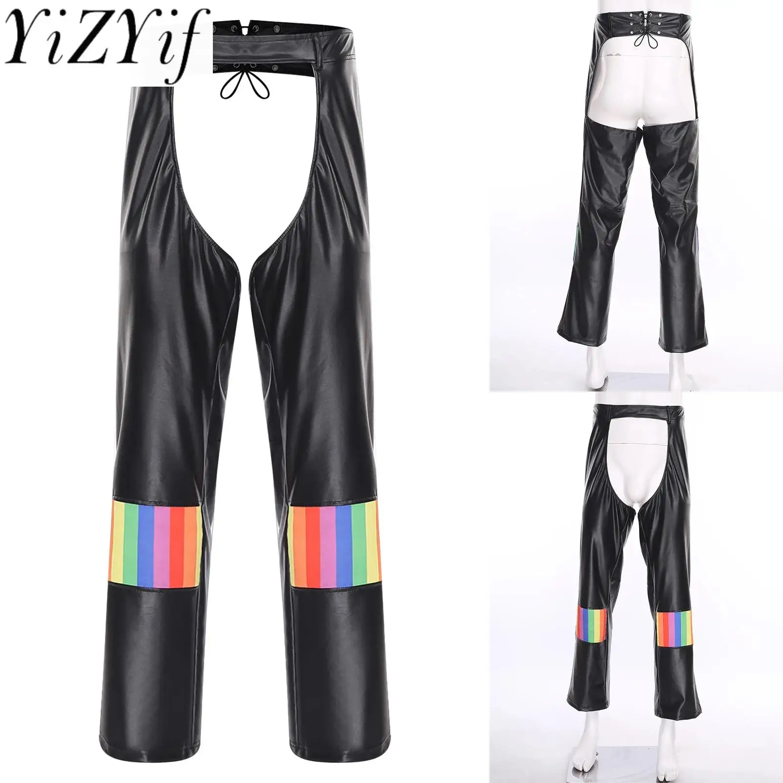

Men Stylish Motorcycle Chaps Pants Hollow-out Crotch Rainbow Striped Long Pants Trousers for Riding Club Party Cosplay Pants
