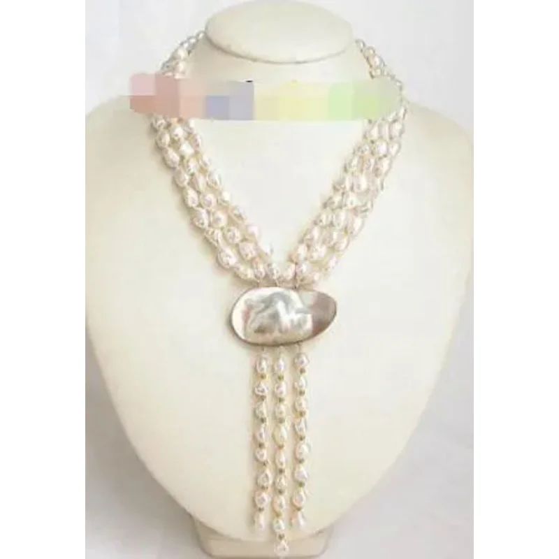 Shiny 3row Baroque White Reborn Keshi Pearl Necklace J6743