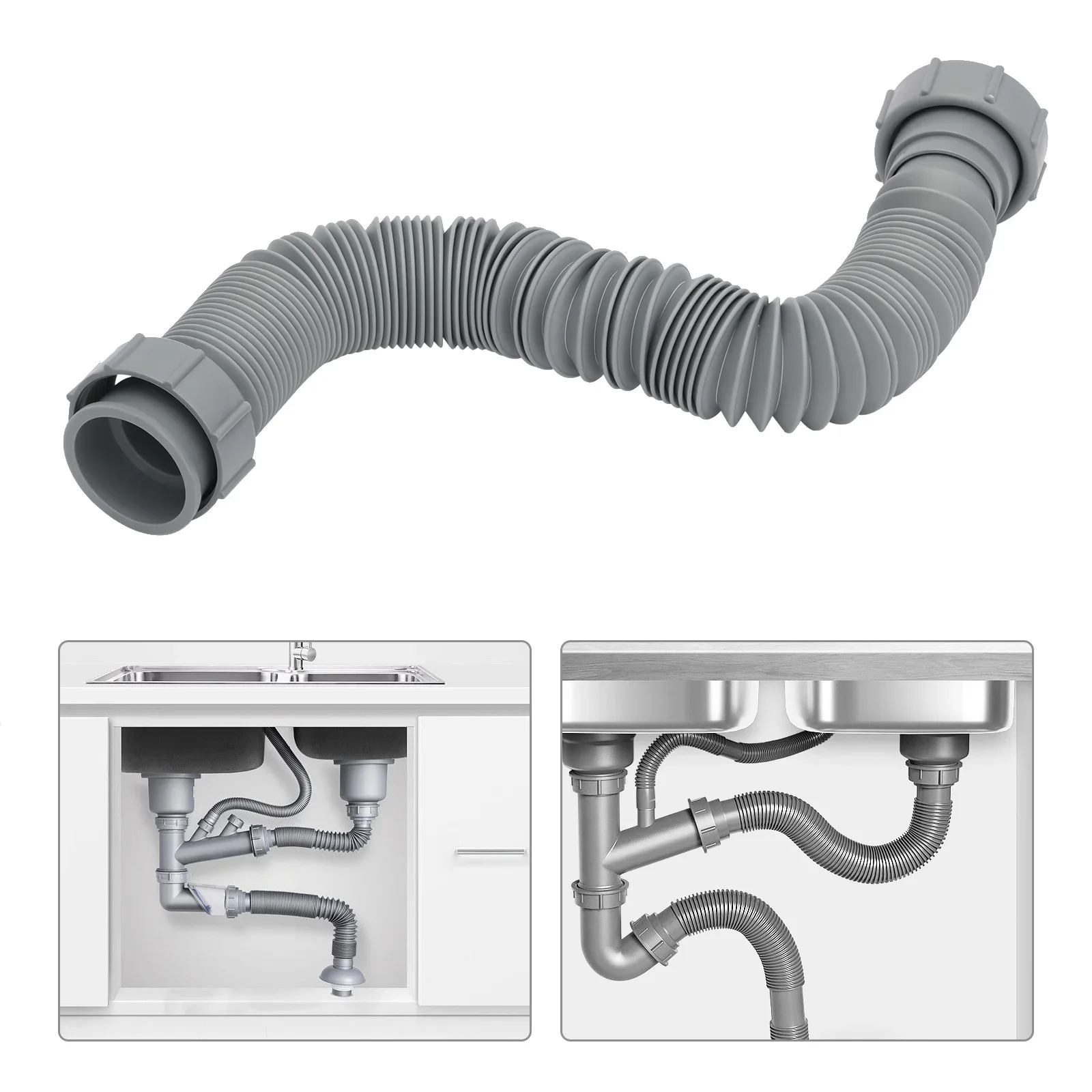 Flexible Sink Drain Pipe, 1-1/2 P-trap W/ Adapter,Tubular Drain Tubing Pipe, Adjustable P Trap for Sink Drain & Garbage Disposal