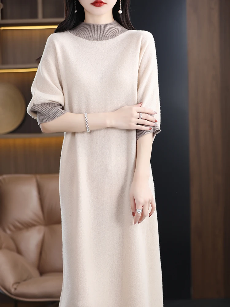 2024 Fashion100% Merino Wool Dress Half-Sleeve Mock-Neck Long Sweater Spring Autumn Large Size Knit Women Mid-Length Dress