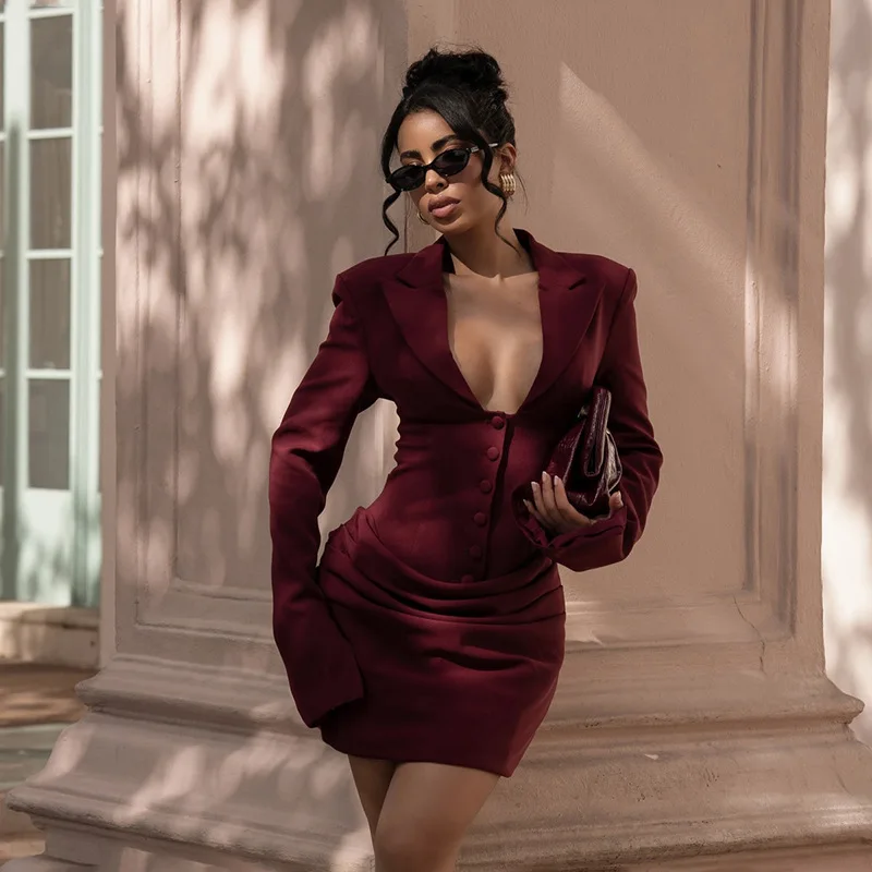 

European and American Women's Fashion Winter New Casual Solid Color Deep Neck Button Long Sleeve Dress