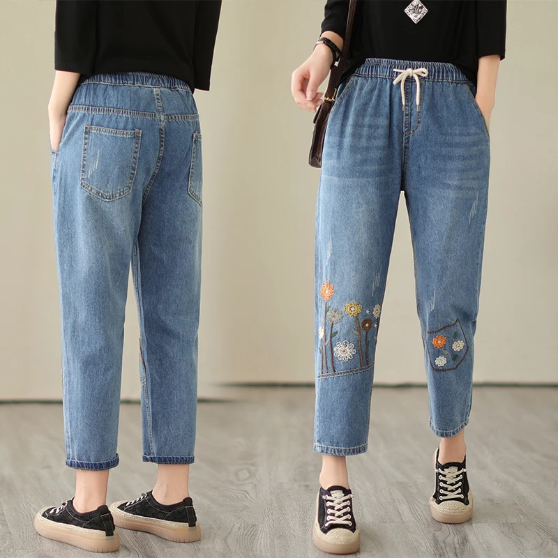 

6221 New Design Flower Embroidery Jeans For Women Casual Loose Vintage Style Drawstring High Waist Denim Pants Female Clothes