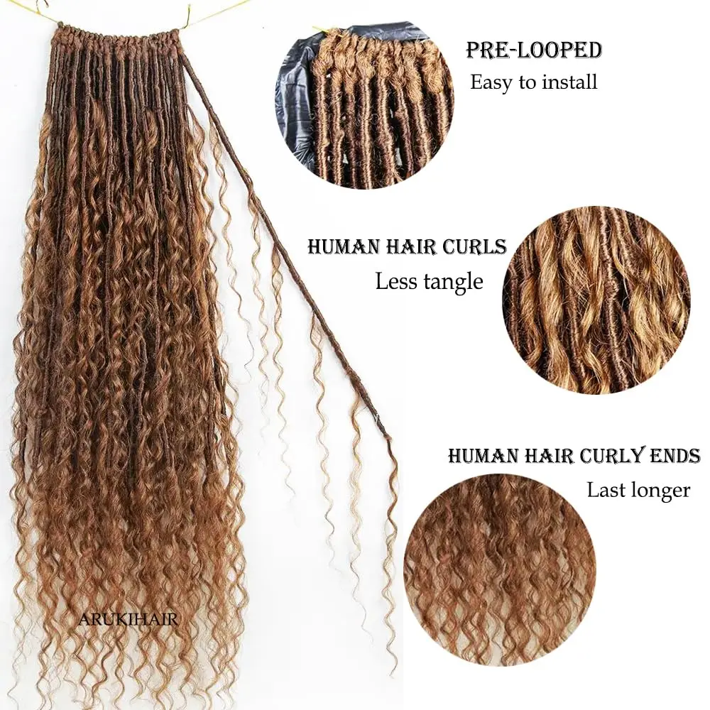 Pre-Looped Light Auburn Crochet Dreadlocks With Human Hair Curls #30 Color Ey Blonde Crochet Boho Locs Hair 22 Inch 48 Strands