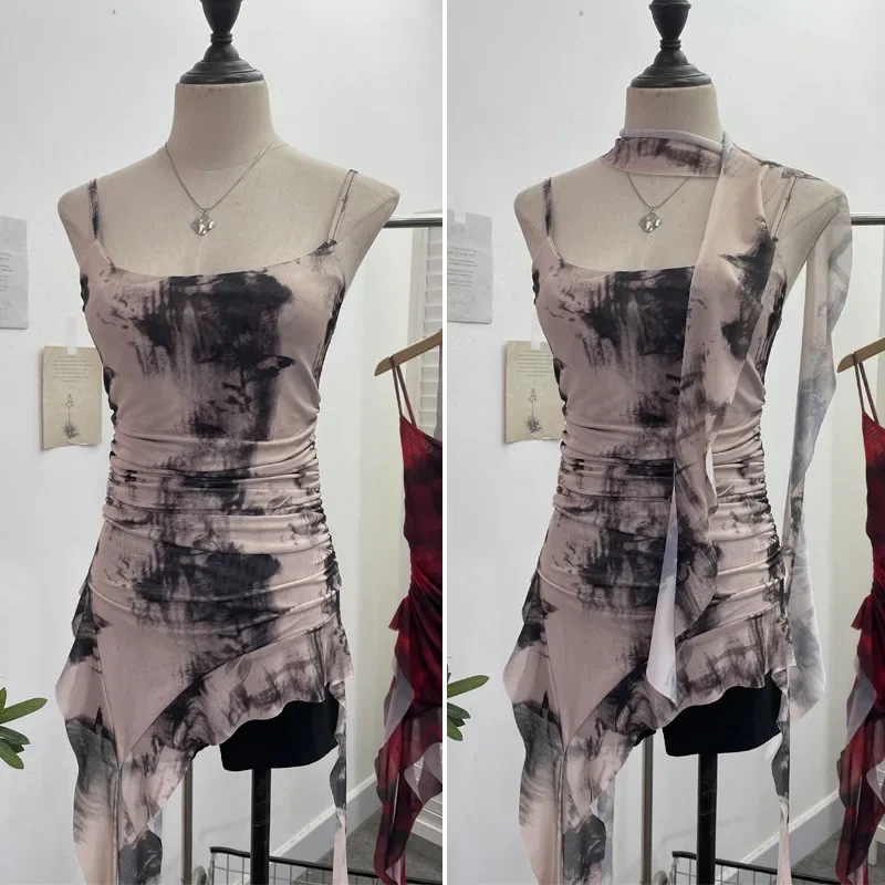 ISAROSE-Camisola Tie Dye Feminina com Alças de Espaguete, Tops Longos na Frente Ruched, Colarinho Quadrado, Assimétrico, Stretch, Moda Verão, Y2K