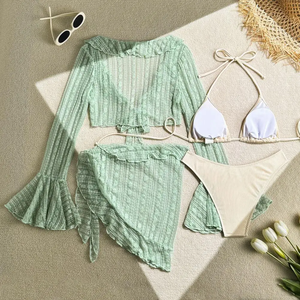 4Pcs/Set Women Swimsuit Set Halter Bra with Lace-up Briefs Suit Ruffle Trim Cover-Up Tops Skirt Set Beachwear Swimwear Outfits