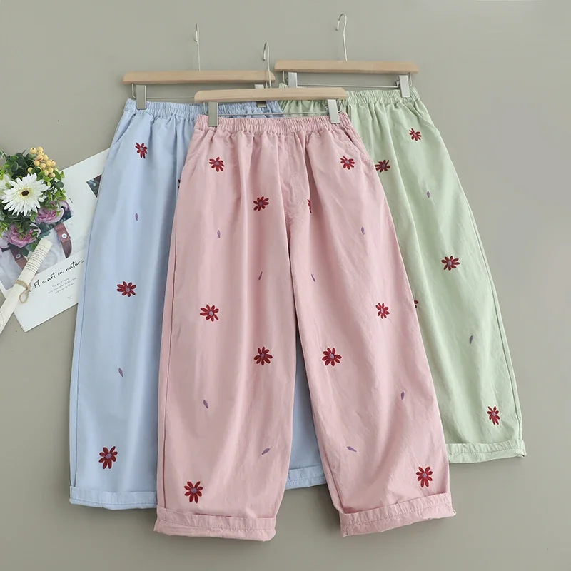 Summer Sweet Mori Girl Flower Embroidered Pants Women Elastic Waist Casual Loose Cotton Harenm Pants