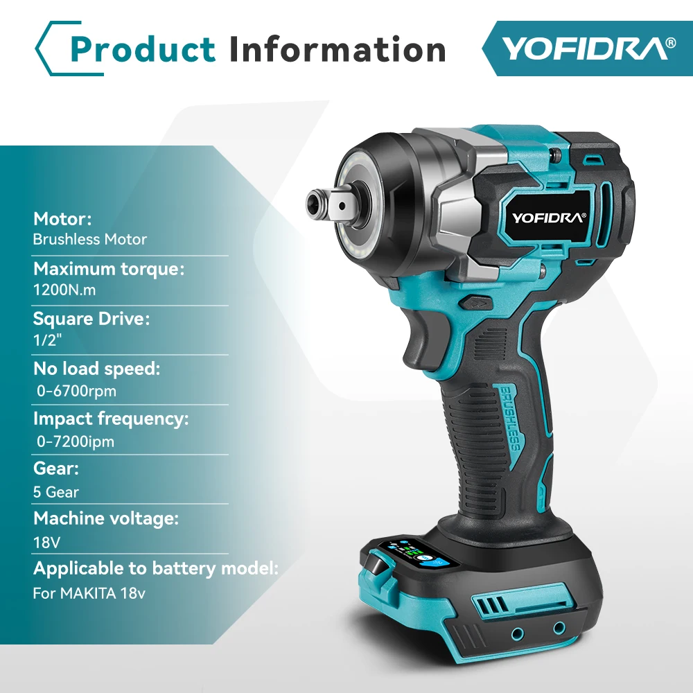 YOFIDRA 1200N.M Brushless Electric Impact Wrench 5 Gears 1/2\