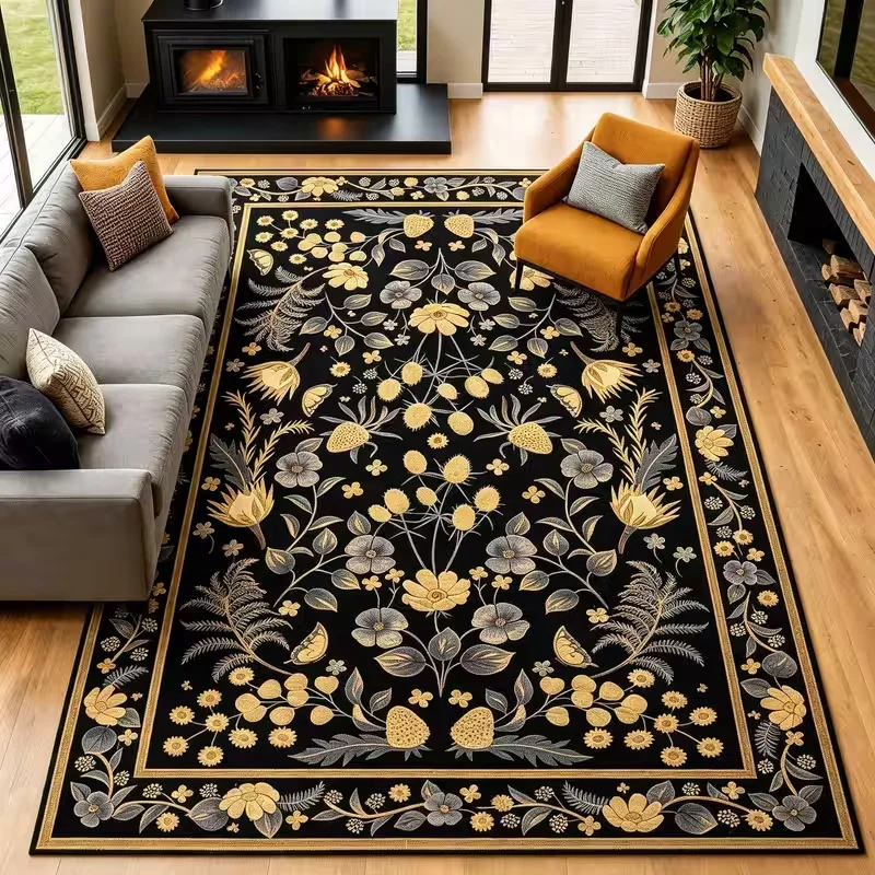 Vintage Floral Area Rug Black Background Gold Botanical Flower Print Soft Floor Mat Retro Carpet for Living Room Bedroom Decor