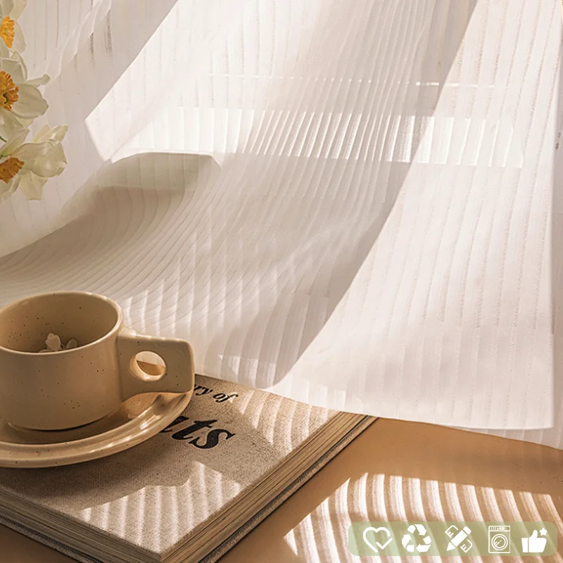 Striped Sheer Curtains for Living Room Bedroom White Voile Tulle Drapes Vertical Transparent Chiffon Privacy Sheer Blinds Panels
