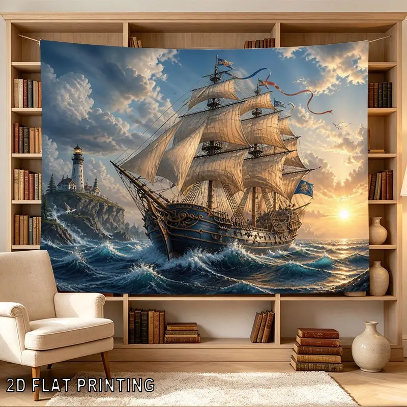 Decorative Nautical Tapestry Wall Hanging Pirate Ship Ocean Scene Maritime Adventure Decor Large Realistic Coastal Lighthouse Ca