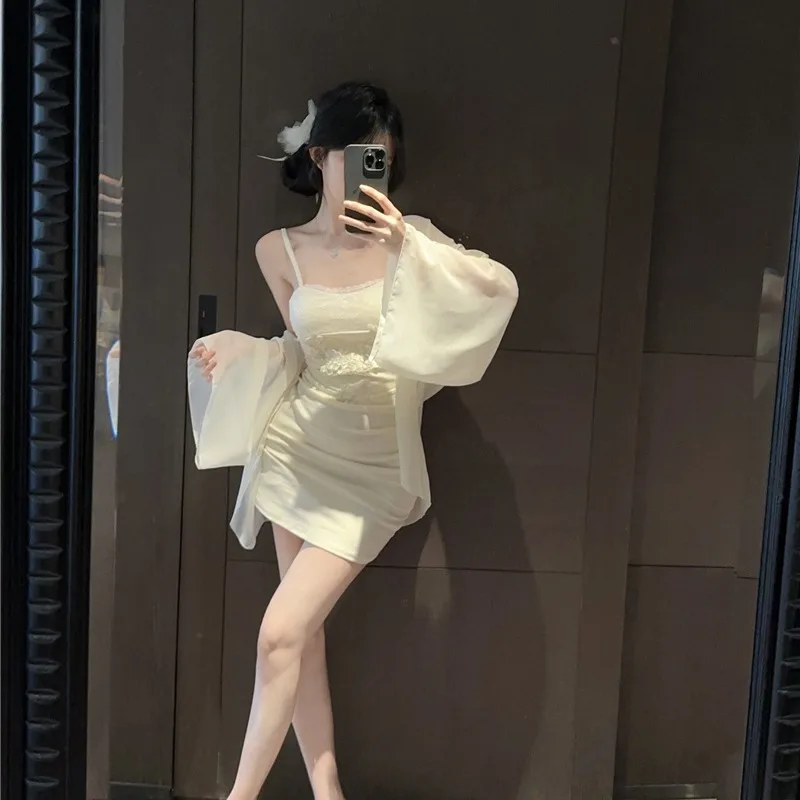 Coigarsam Spring Long Sleeve Spaghetti Strap Thin Apricot Colored Set Top Shirt Skirt Suit
