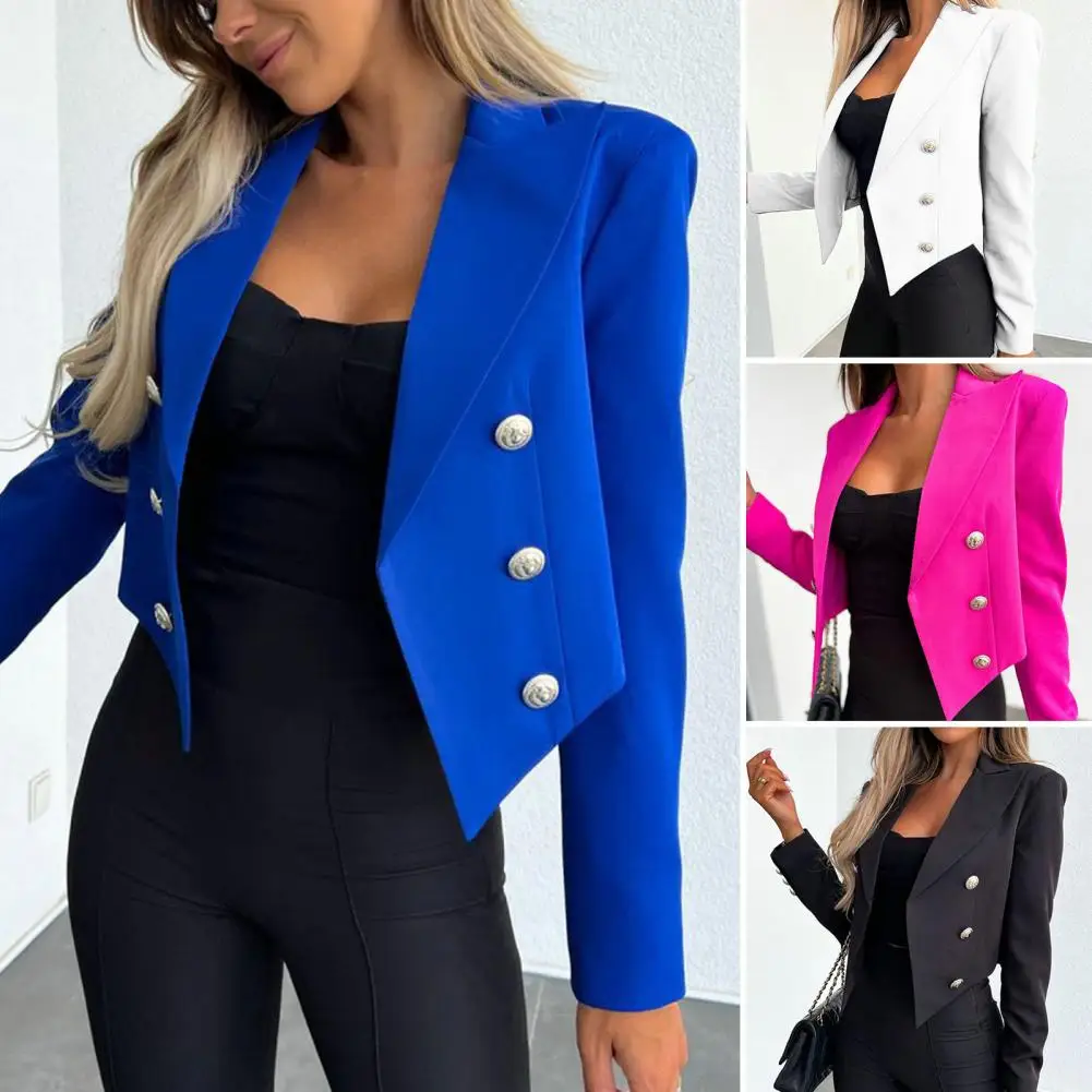 Blazer de manga larga de Color liso para mujer, chaqueta de traje corto con solapa de doble botonadura, elegante, Formal, para oficina