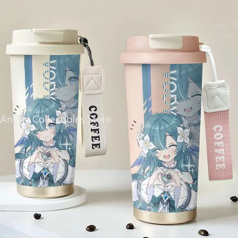 Garrafa de água criativa e adorável de 520 ml, copo de água com tema Genshin Impact, Vodyanitsa, copo de água com canudo de anime, copo de café de grande capacidade.