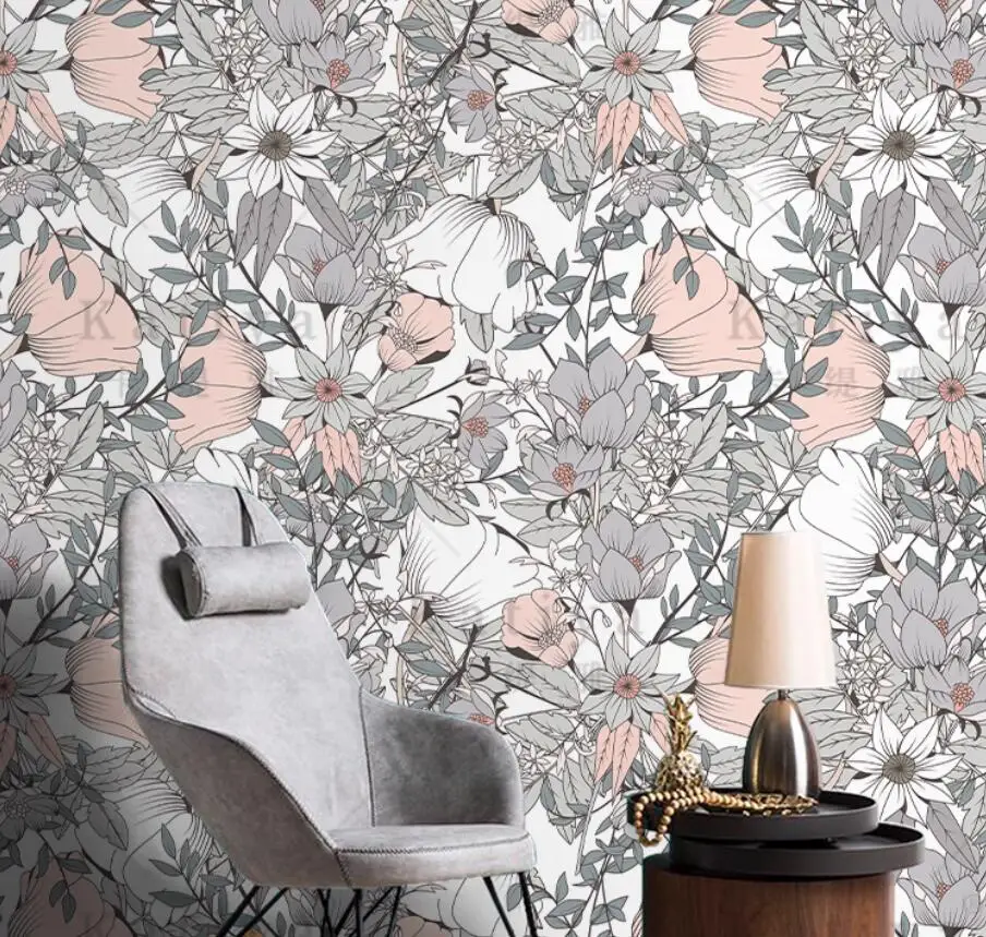 Hand drawn American retro mural flower bedroom sofa background wallpaper art high-end living room decoration
