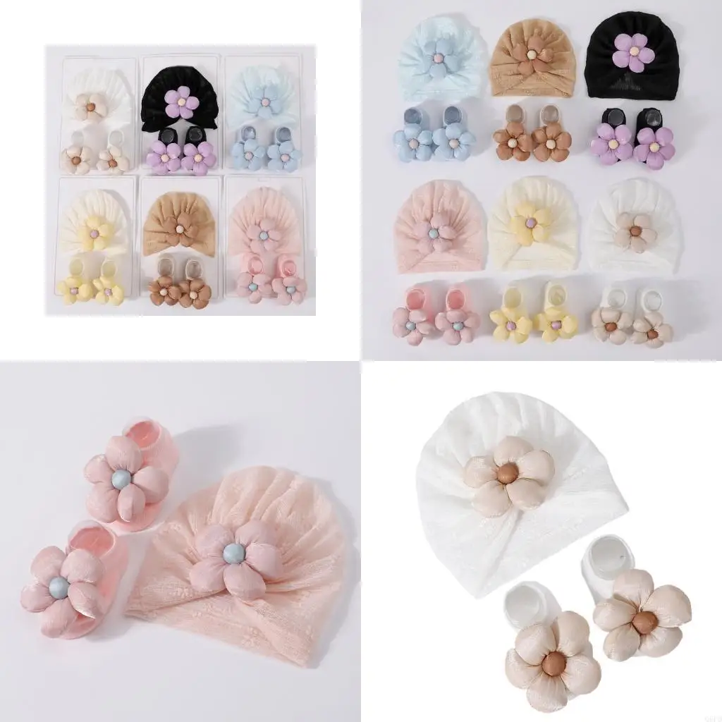 

Baby Girls Turban Hat with Flower Accent, Newborns Bonnet 0-12 Month Infant Hospital Caps with Socks Toddler Shower Gift