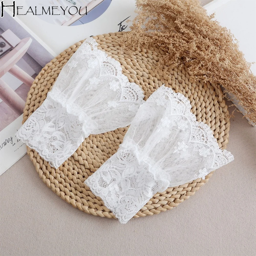 

Double Layer Lace Fake Cuffs Pleated Polka Dot Horn Cuffs Decoration Flower Solid False Cuff Sleeve Sweater Decorative