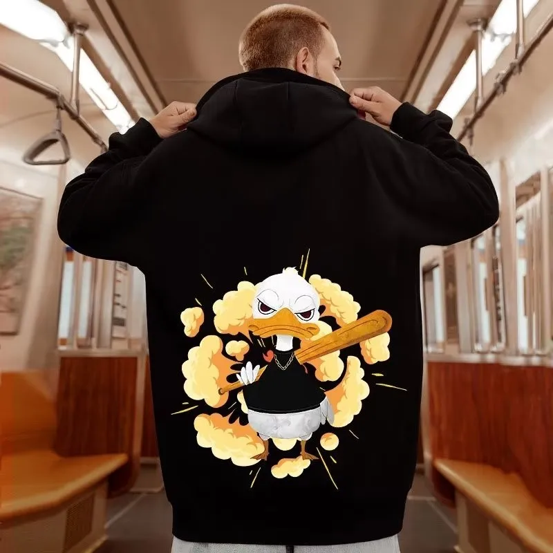 

M-8XL Hoodie Men's Super Large Hoodie Loose Fashion American Street Baseball Duck Printed Long Sleeve Double Shirt