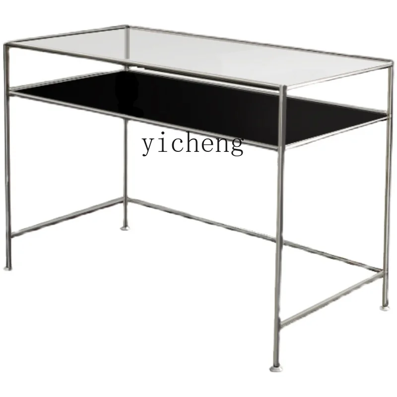 

Tqh Metal Glass Desk Stainless Steel Office Computer Desk Desk Transparent Double Layer