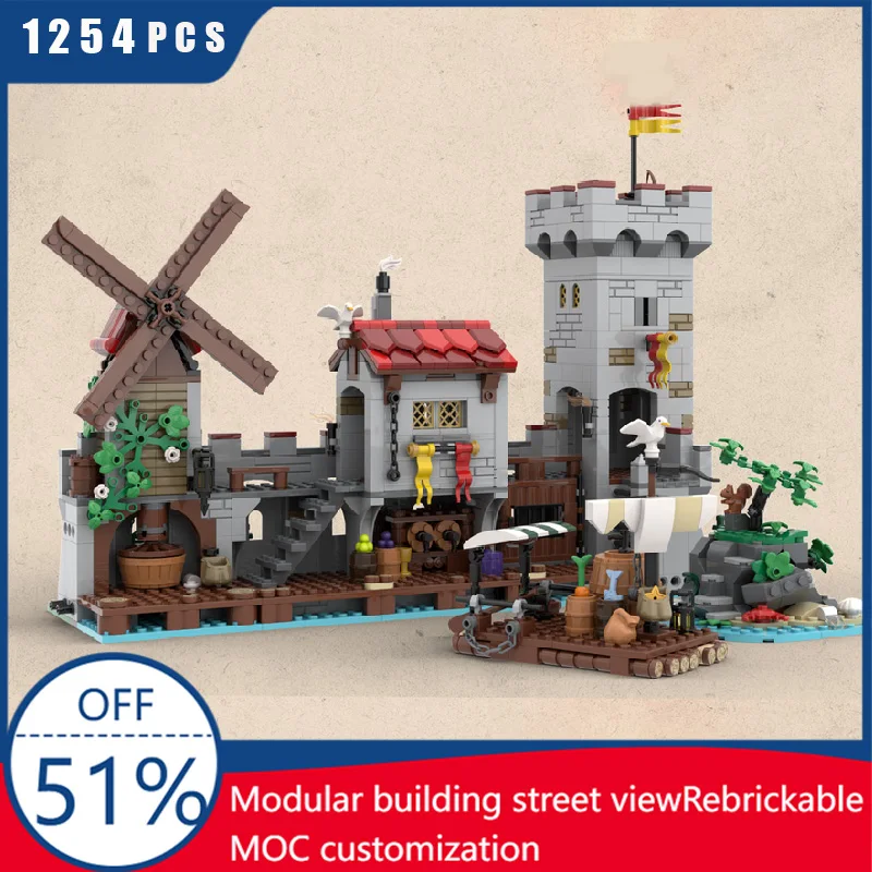 

1254 PCS MOC Medieval Fortress Model Building Luxury Seaside Market Architecture Blocks DIY Kids Bricks Toys Unforgettable Gifts