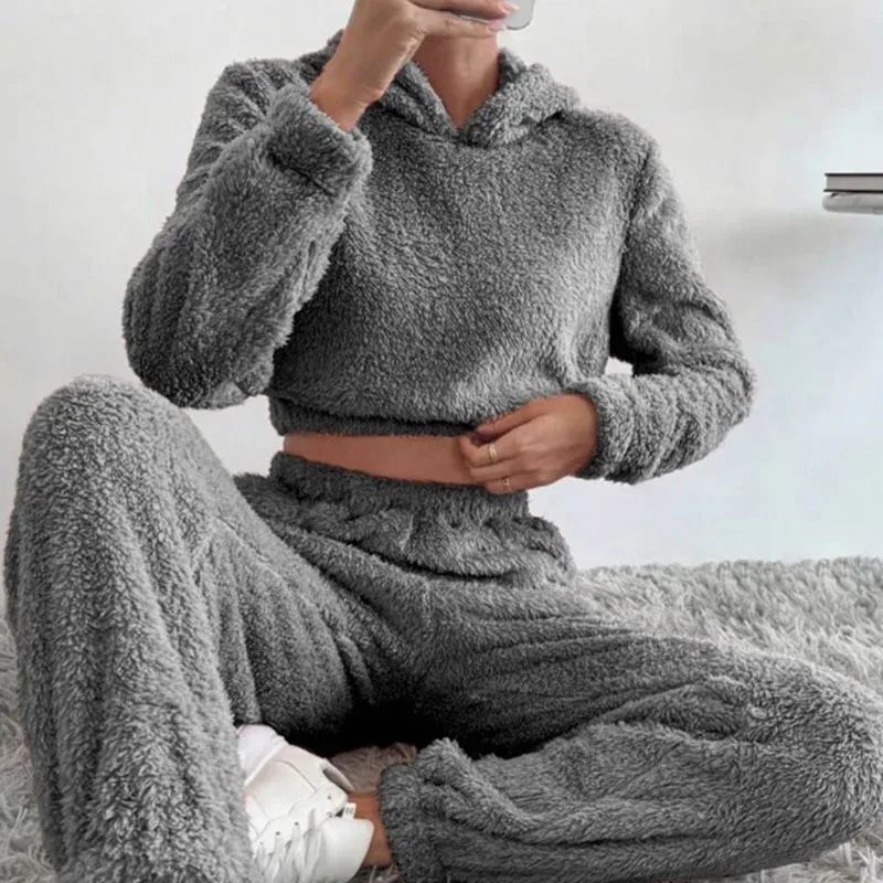 Fashionable Autumn and Winter Women's Loungewear Set Plush Hooded Long-sleeved Top Elastic Waist Pants Casual Homewear Suit