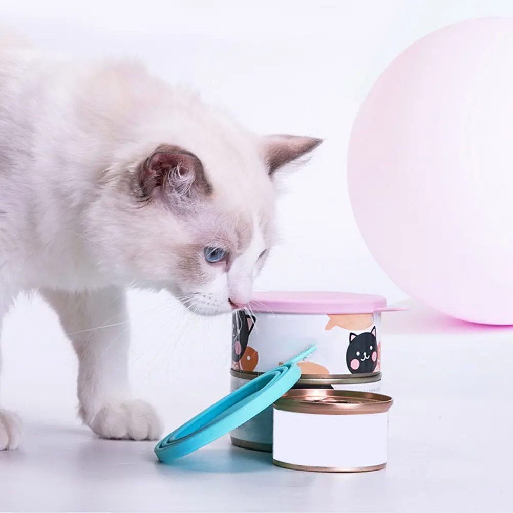 4Pcs Pet Food Can Cover Spoon Set Silicone Sealed Lids Dishwasher Safe Non Slip Freshness Preserver for Wet Cat Dog Food
