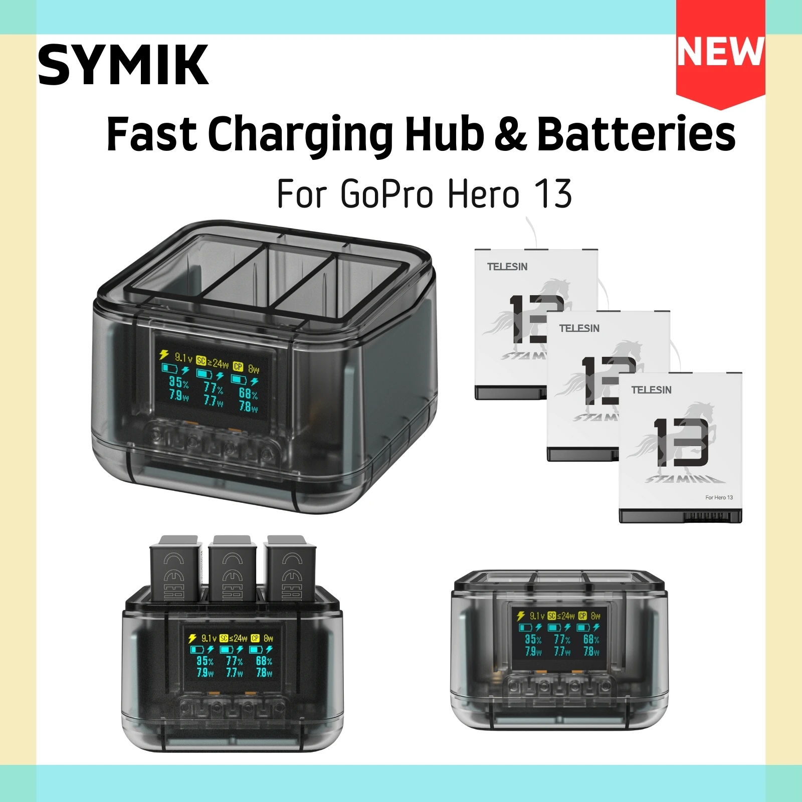 SYMIK For GoPro Hero 13 Battery Charger 1900 mAh Power Fast Charging Hub With Display For Go Pro Hero 13 Accessories