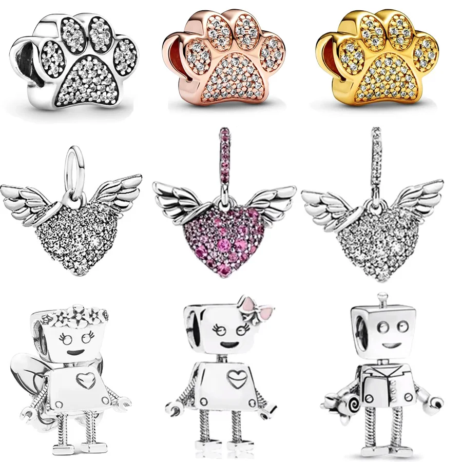 Friendship Robot & Pavé Dangle Dangle Charm Beads Fit Original 925 Sterling Silver European Bracelet DIY Women Fine Jewelry Gift