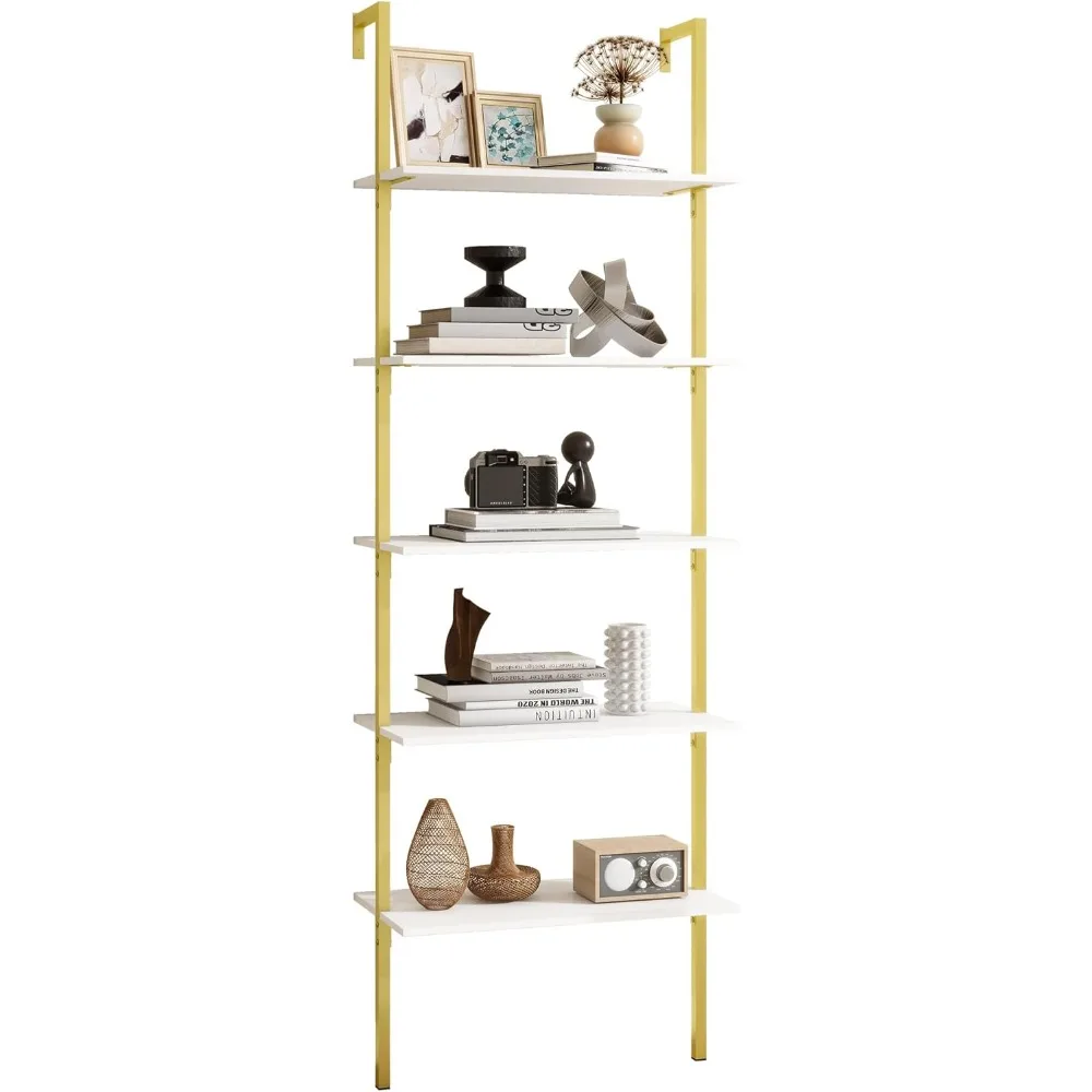 

5 Tier Ladder Shelf, Open Space Book Shelf Wall Mount Bookshelf with Metal Frame Sturdy Bookcase for Living Room (White, 5 Tier)