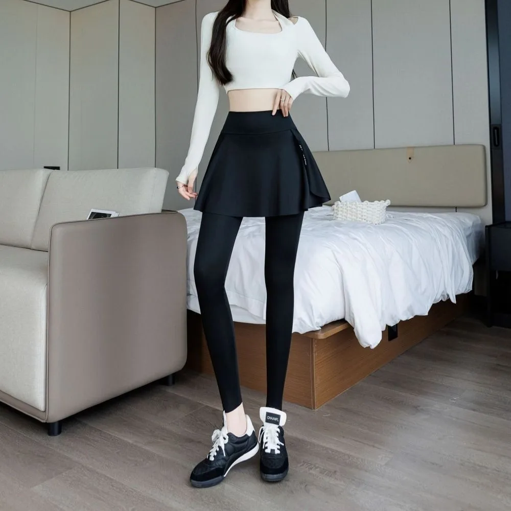 Faux Two Piece Women Yoga Pants Side Pocket High Waisted Skirt Leggings Skirt Overlay Full Length Sport Leggings Gym Workout