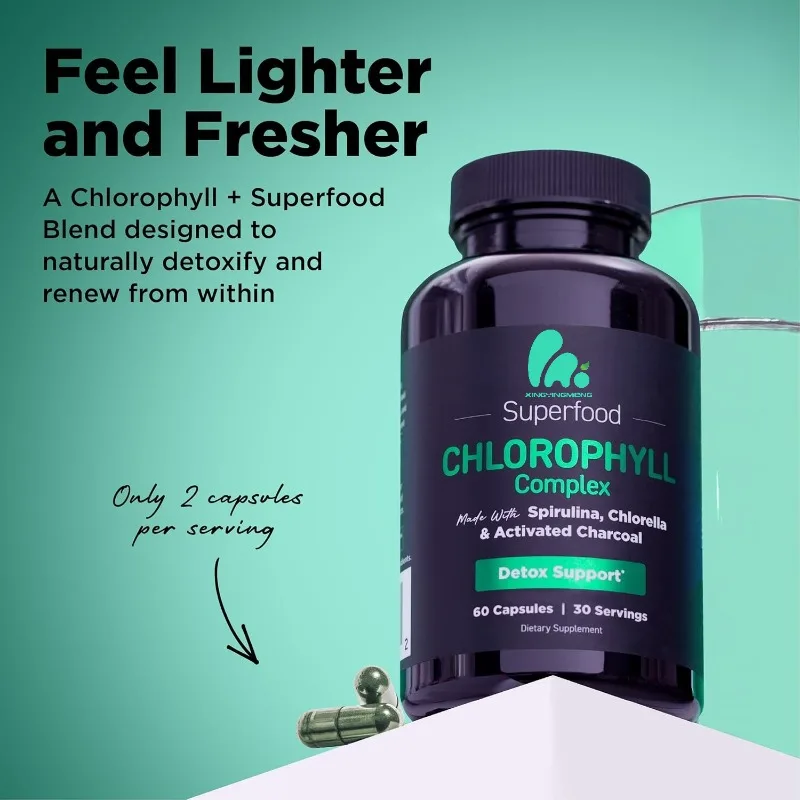 Vitamin Chlorophyll Capsule Deodorizing Supplement Made From Spirulina, Microalgae, Organic Parsley, Mint, And Activated Carbon