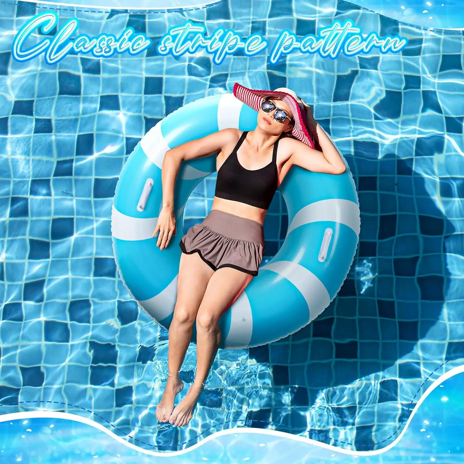 3 stuks jumbo blauwe zwemring met handgrepen 47,24 inch opblaasbaar zwembad vlotterbuis klassieke gestreepte opblaasbare zwembadring voor