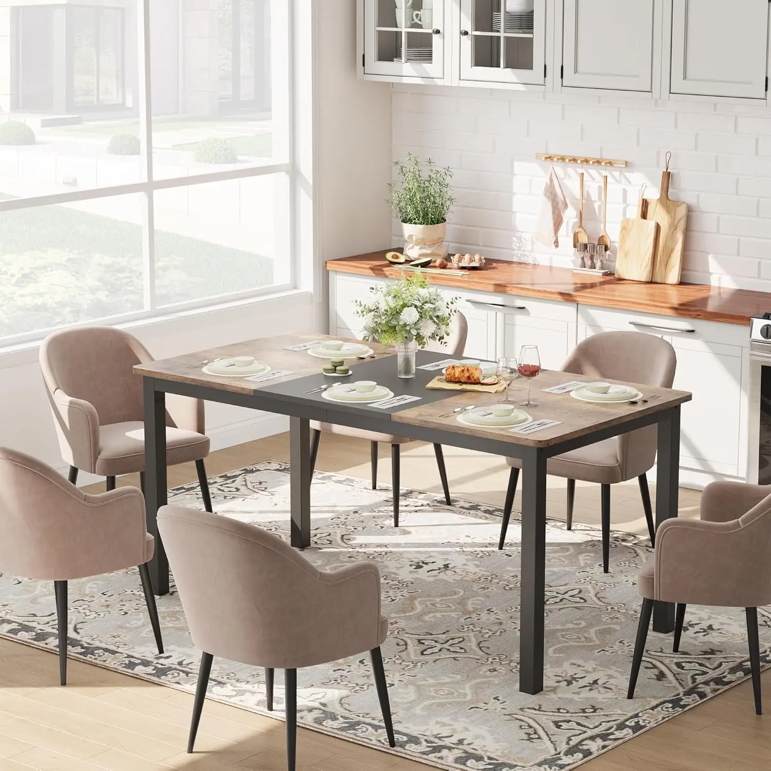 63 Inch Home Office Computer Desk, Conference Desk,Writing Desk with Black Metal Frame, for Home Dining Study Room Bedroom