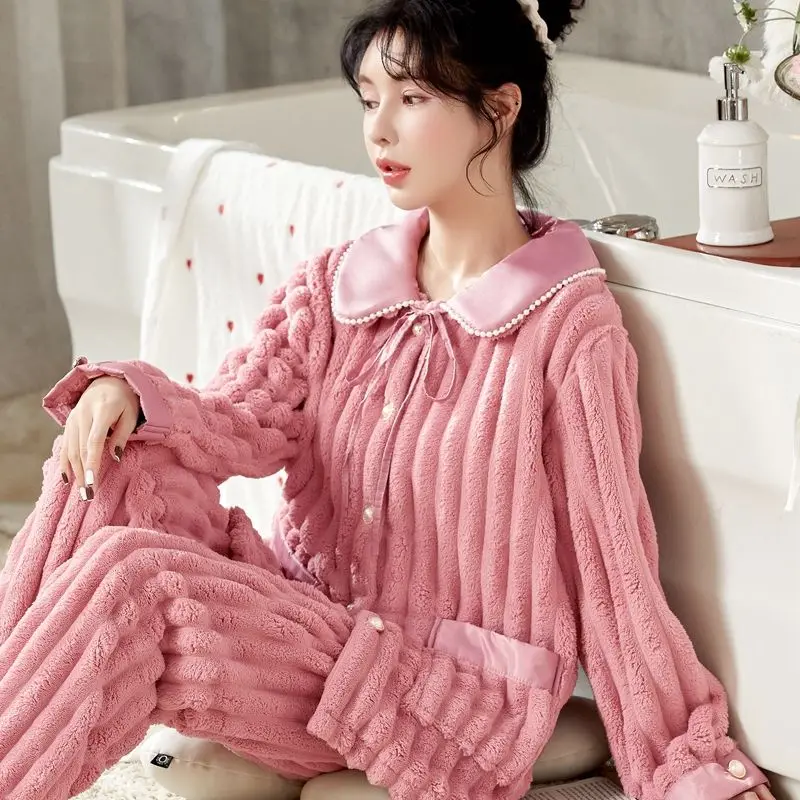 Famale Coral Velvet Pajamas Women Autumn Winter Thickened Plush Flannel Home Wear Long Sleeved Girls Cute Fashionable Sleepwear