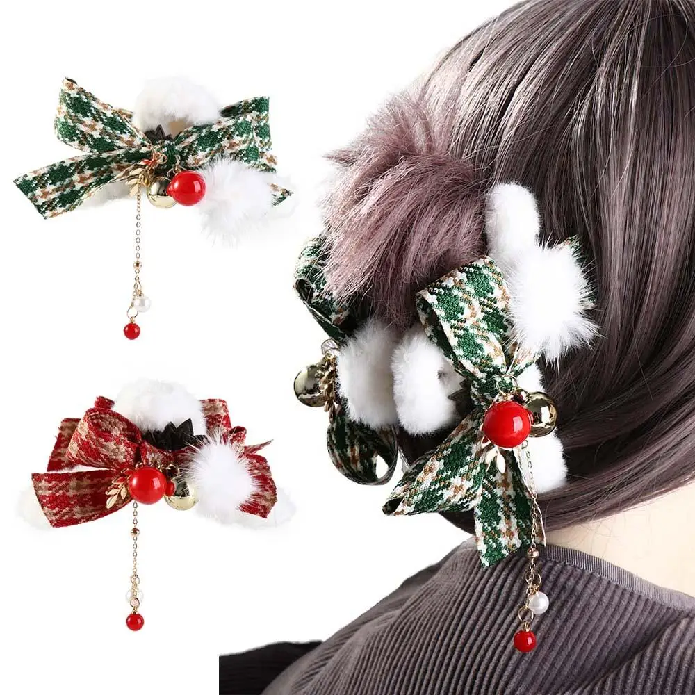 

Bow Christmas Hair Clip Fashion Bell Tassel Christmas Shark Clip Hairpin Ponytail Holder Winter Plush Hair Claw Female