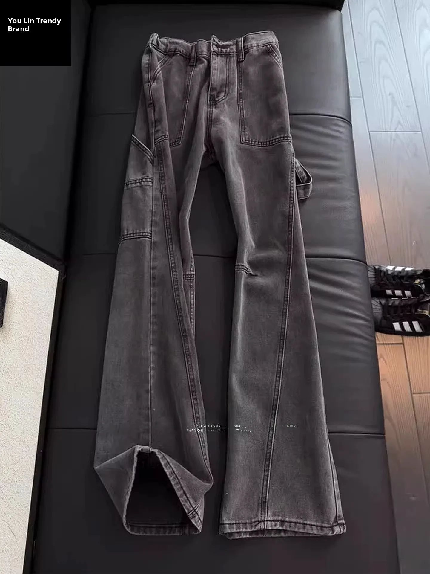 

American Sle Diagonal Cut Workwear Jeans Men Spring Belted Straight Leg High Street Slimming Flared Pants Youth Faion
