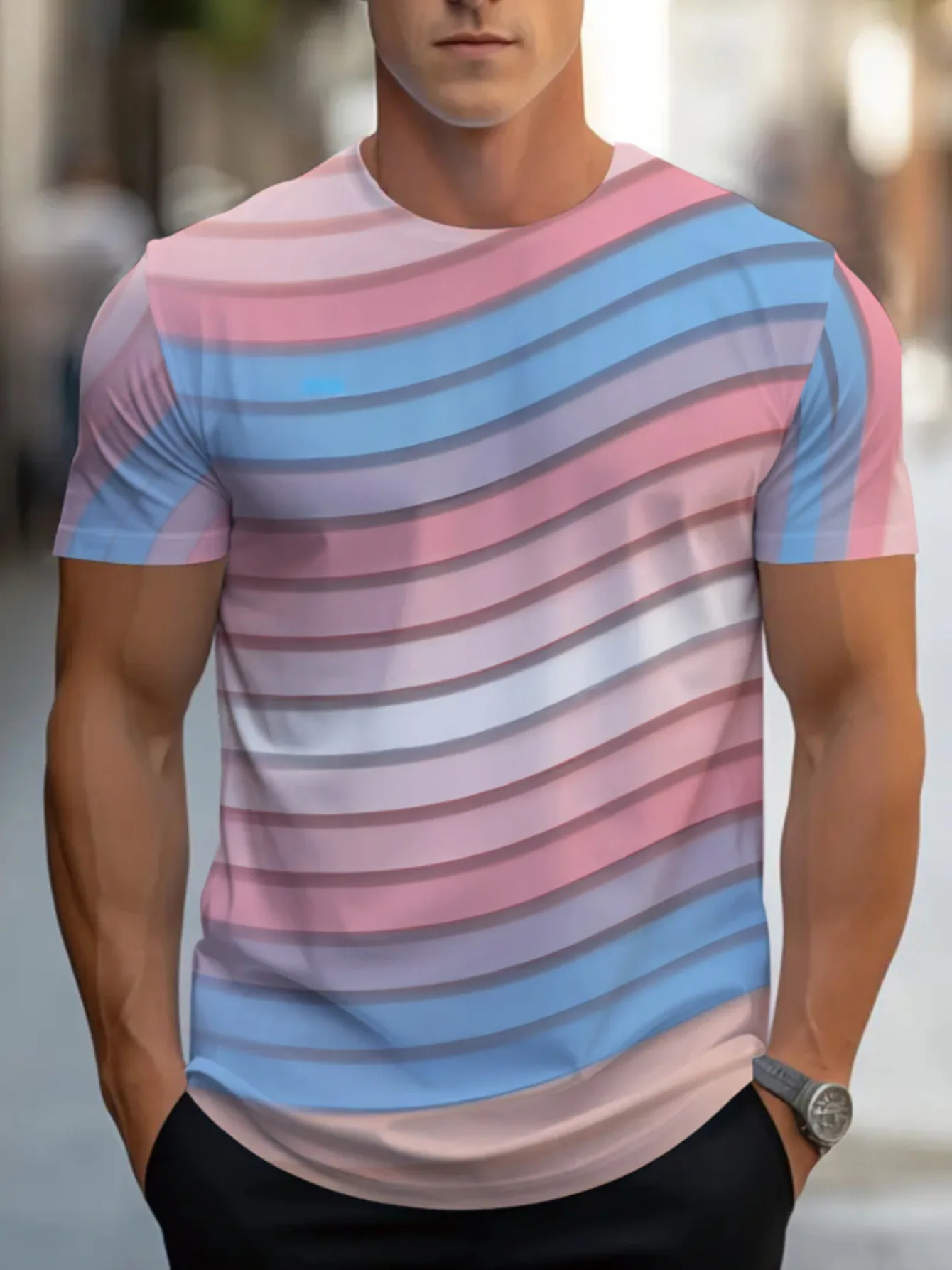 Men Mesh Sports T‑Shirt Gradient Curved Stripe O‑Neck Short Sleeve Summer Slim Casual Top