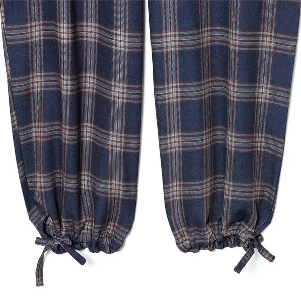 ハイウエストチェック柄ランタンワークパンツレディースストリートスレパンツ、ケット装飾付きルーズフィットロングパンツカジュアルウェア