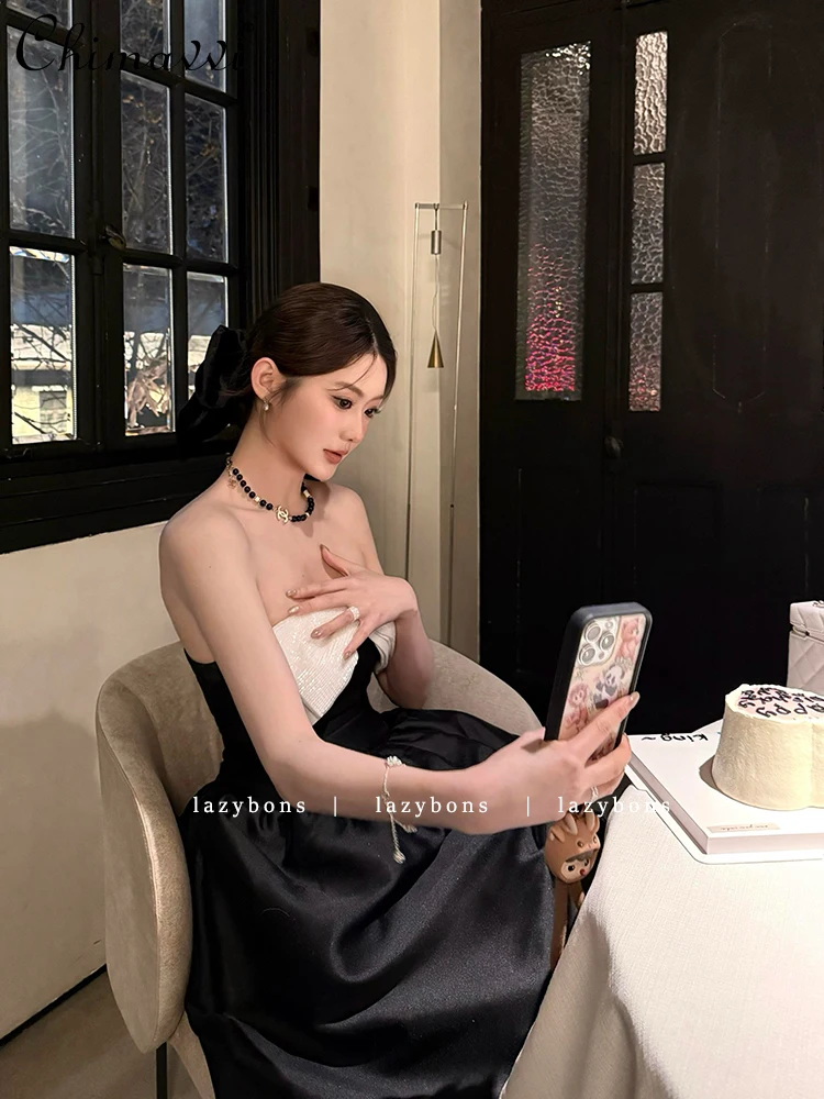 チューブトップドレスエレガント社交家の誕生日ドレスファッション黒と白の対照的な色ビーズリボンふわふわ振り子ドレス