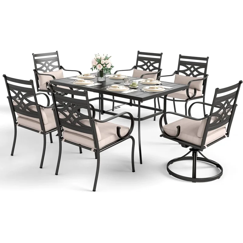 

6-Seater Outdoor Patio Dining Set, 59 Inch Black Dining Table + 4 Fixed Chairs & 2 Swivel Chairs, Removable Washable