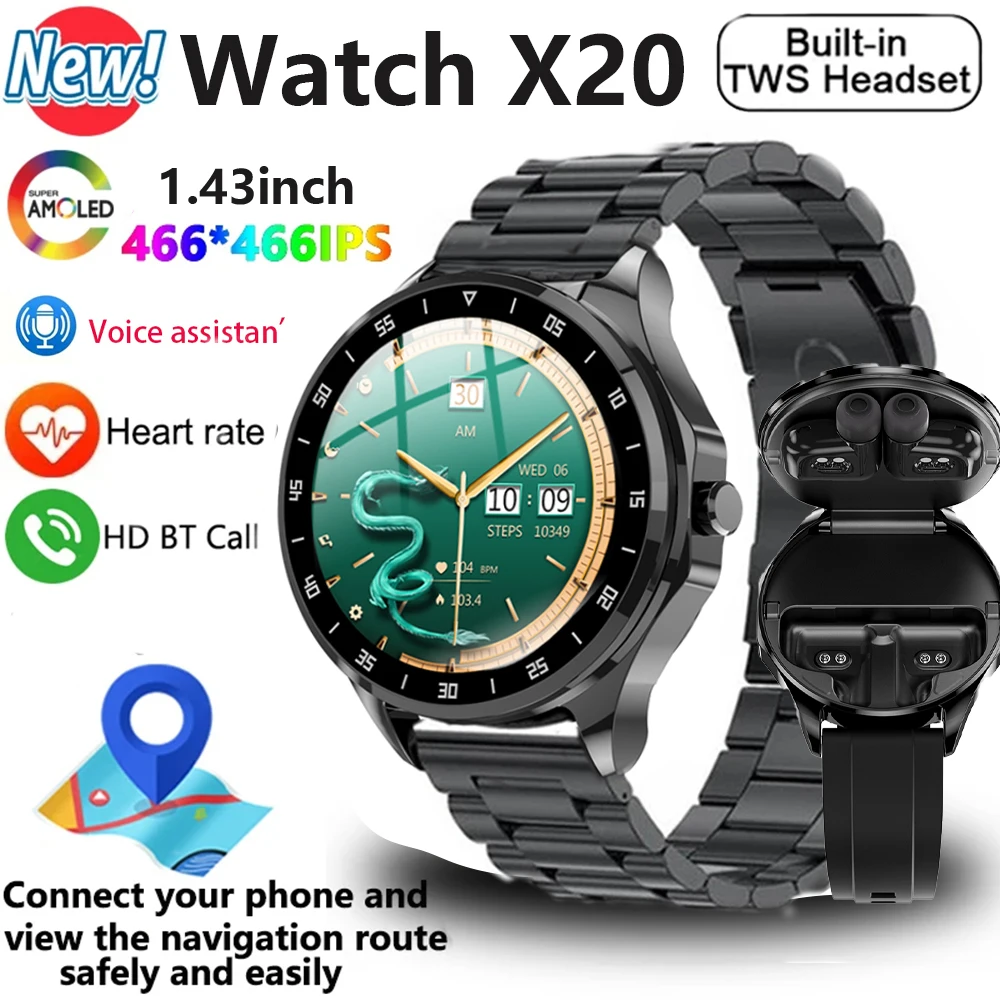 2024 TWS 2-in-1 Bluetooth Earphones Smart Watch Health Monitoring Bluetooth Call AMOLED 1.43 inch 466 * 466 Full Screen Touch