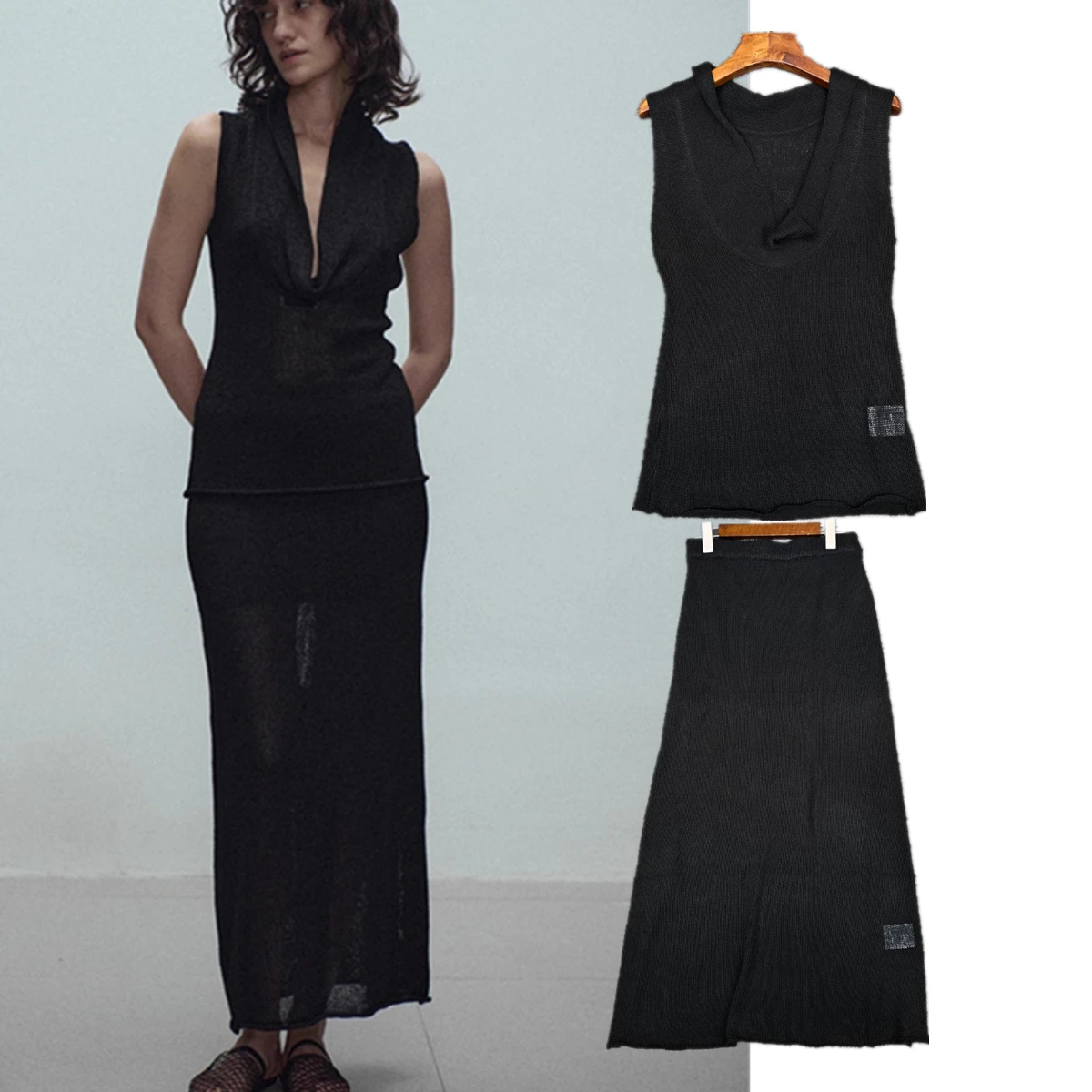 

Maxdutti French Minimalist Black Sleeveless Knitted Top And Midi Skirt Sets Women's Matching Sets Women's Suit 2 Piece Set
